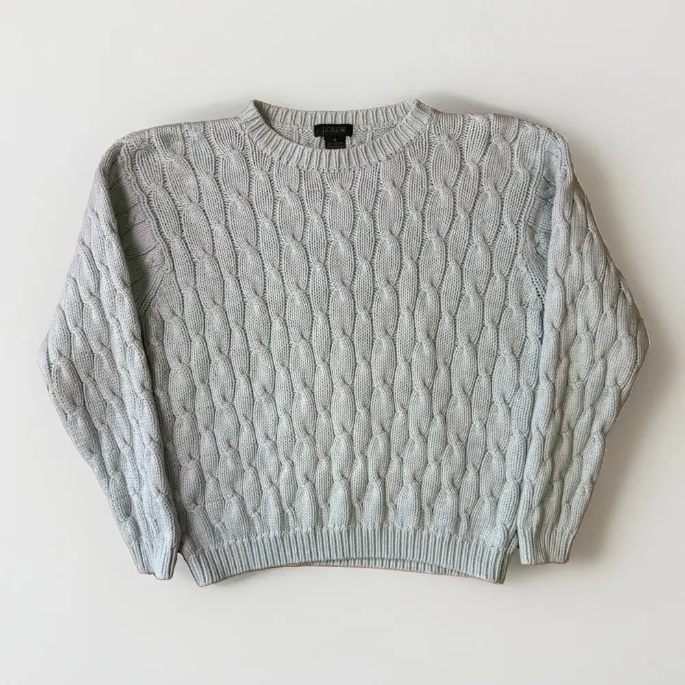 J Crew Cable Knit Sweater Women's Medium Teal Cotton Pullover Minimalist NYC